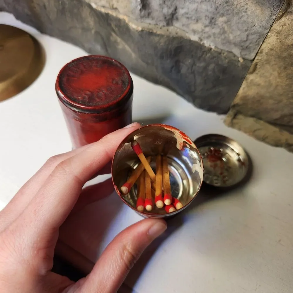 Vtg Set Of 2 Mid Century Patriotic Eagle Canister Matches Box Tin Container USA